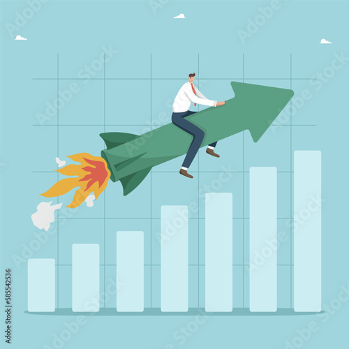 Rapid economic or investment growth, increase in income or profit, career growth, improvement of financial well-being, promotion of business to a new level, man takes off on a rocket arrow on schedule