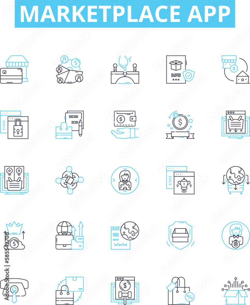 Marketplace app vector line icons set. Marketplace, App, Shopping, Online, Store, Buy, Sell illustration outline concept symbols and signs Marketplace app vector line icons set. Marketplace, App, Shopping, Online, Store, Buy, Sell illustration outline concept symbols and signs