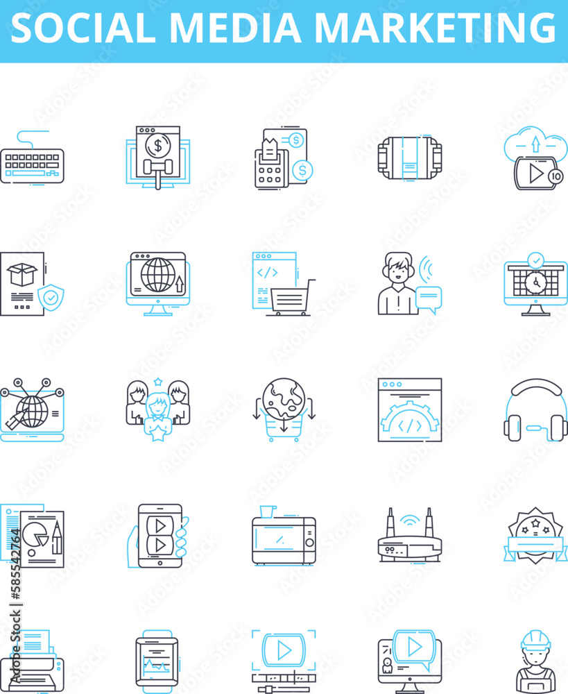 Social media marketing vector line icons set. Social, media, marketing, strategy, analytics, influencers, reach illustration outline concept symbols and signs Social media marketing vector line icons set. Social, media, marketing, strategy, analytics, influencers, reach illustration outline concept symbols and signs