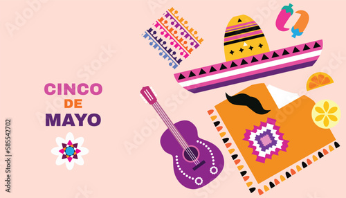 Happy Cinco de mayo festive temolate poster with sombrero  pepper  guitar  firework  Translation from spanish - Cinco de Mayo - May 5 federal holiday in Mexico.Vector modern illustration 