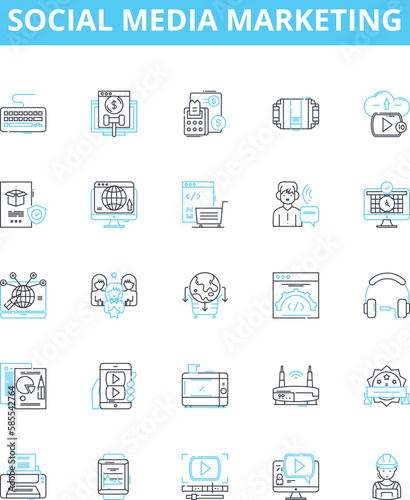 Social media marketing vector line icons set. Social, media, marketing, strategy, analytics, influencers, reach illustration outline concept symbols and signs