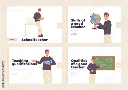 Set of landing page template with skilled professional school and university teacher characters