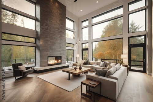Beautiful Living Room in New Luxury Home with Fireplace and Roaring Fire. Large Bank of Windows Hints at Exterior View, Generative AI