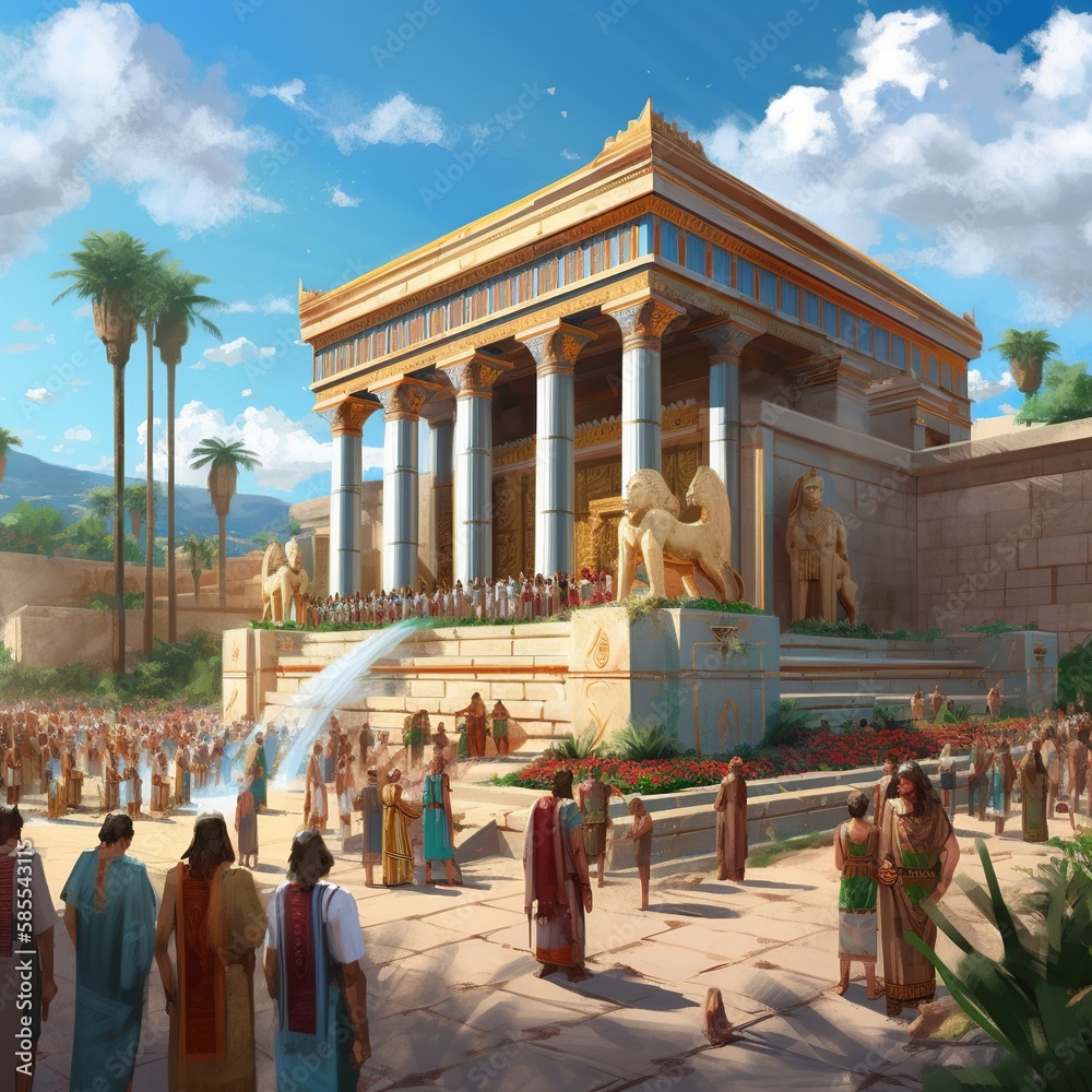 Vibrant Phoenician temple illustration: ornate architecture, statues of ...