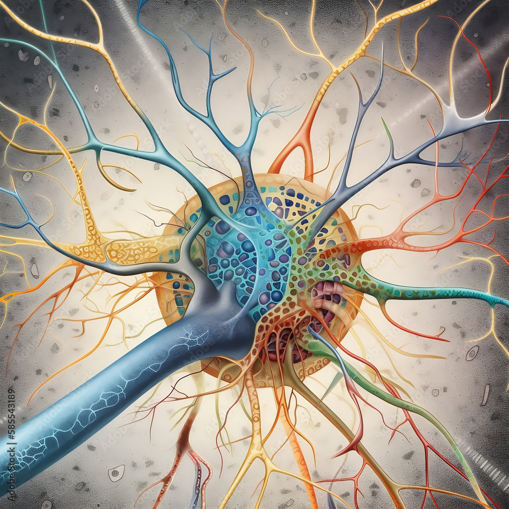 Illustration of a neuron, showcasing its complex structure and various ...