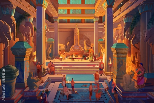 Vibrant Phoenician temple illustration: ornate architecture, statues of deities, worshippers, religious ceremony, ancient civilization. generative ai photo