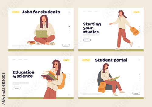 Set of landing page, website template and knowledge portal with happy female student character