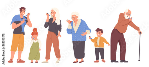 Set of cartoon people different ages suffering from asthma respiratory disease symptoms
