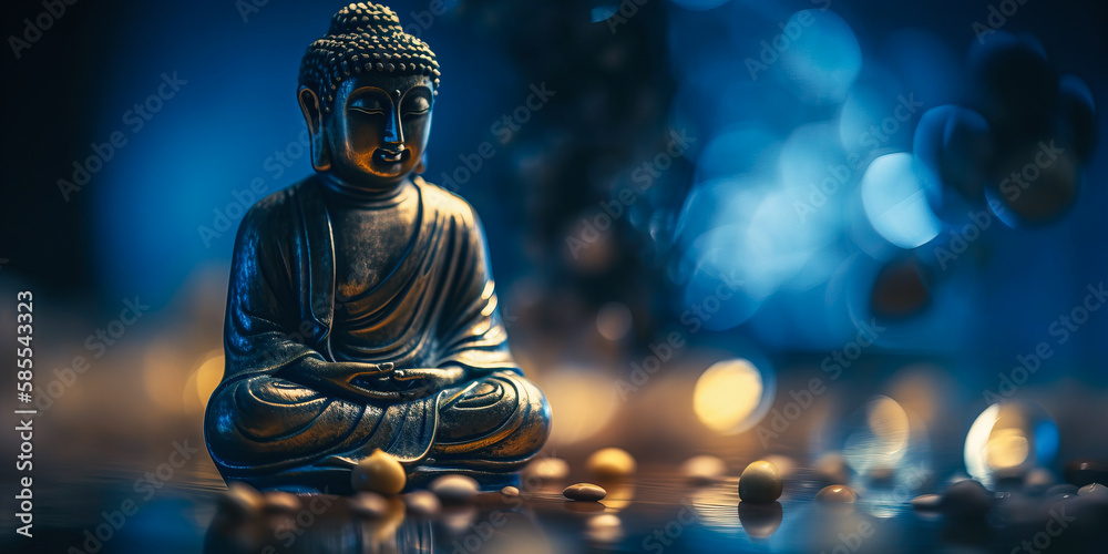 Buddha statue with blue bokeh background. Generative AI