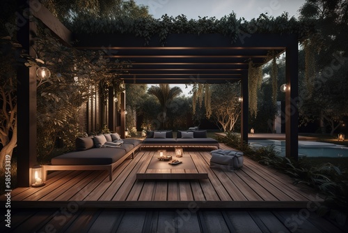Interior design of a lavish side outside garden at morning  with a teak hardwood deck and a black pergola. Generative AI Scene in the evening with couches and lounge chairs by the pool