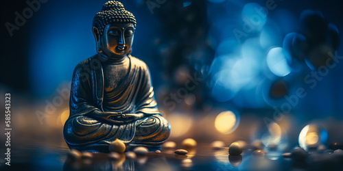 Buddha statue with blue bokeh background. Generative AI