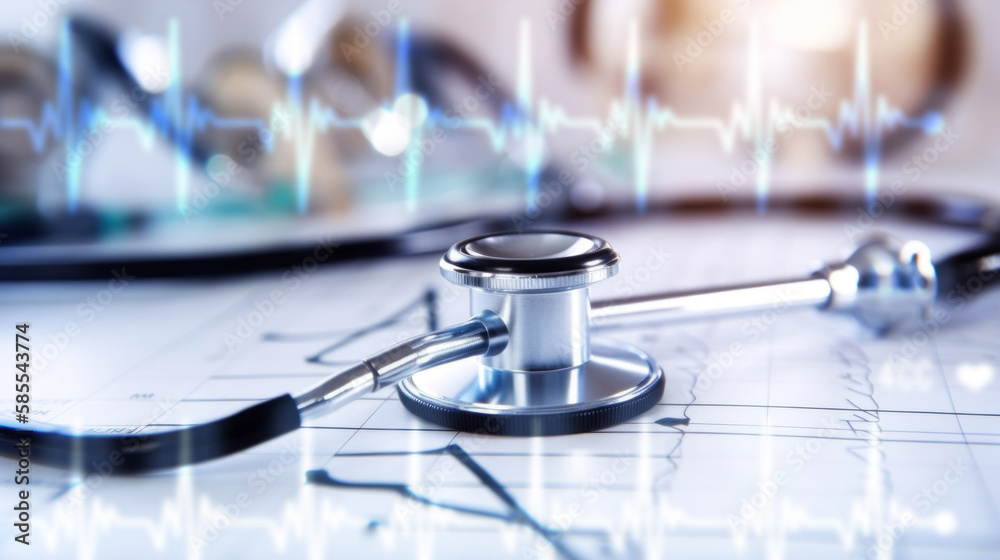 A stethoscope on the doctor table after doctor exam on Electrocardiogram Graph ECG and Electrocardiogram Graph Hologram. Heart health Generative AI A stethoscope on the doctor table after doctor exam on Electrocardiogram Graph ECG and Electrocardiogram Graph Hologram. Heart health Generative AI