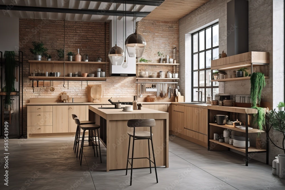 Modern nordic kitchen in loft apartment. 3D rendering, Generative AI