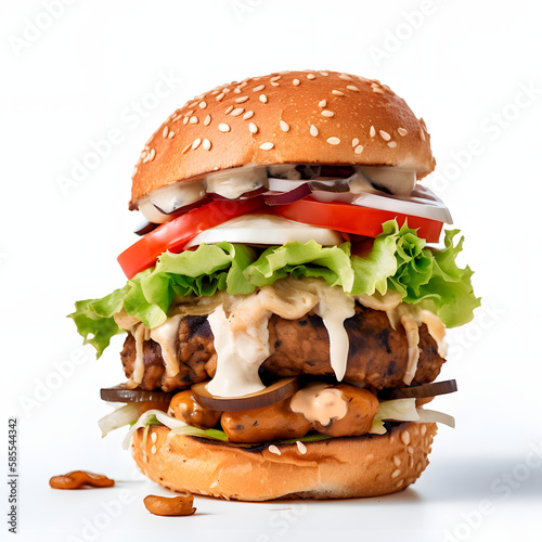 Delicious vegan burger - whole wheat bun, chickpea patty, grilled mushrooms, caramelized onion, lettuce, tomato, and vegan mayonnaise. Generative AI