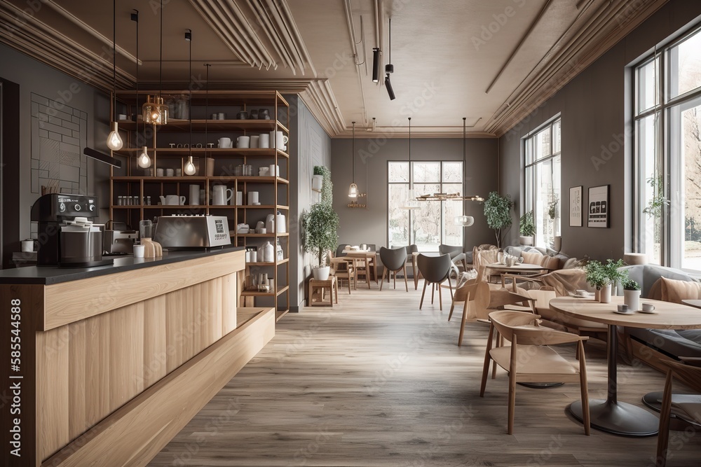 Wooden and gray coffee shop interior, Generative AI Wooden and gray coffee shop interior, Generative AI