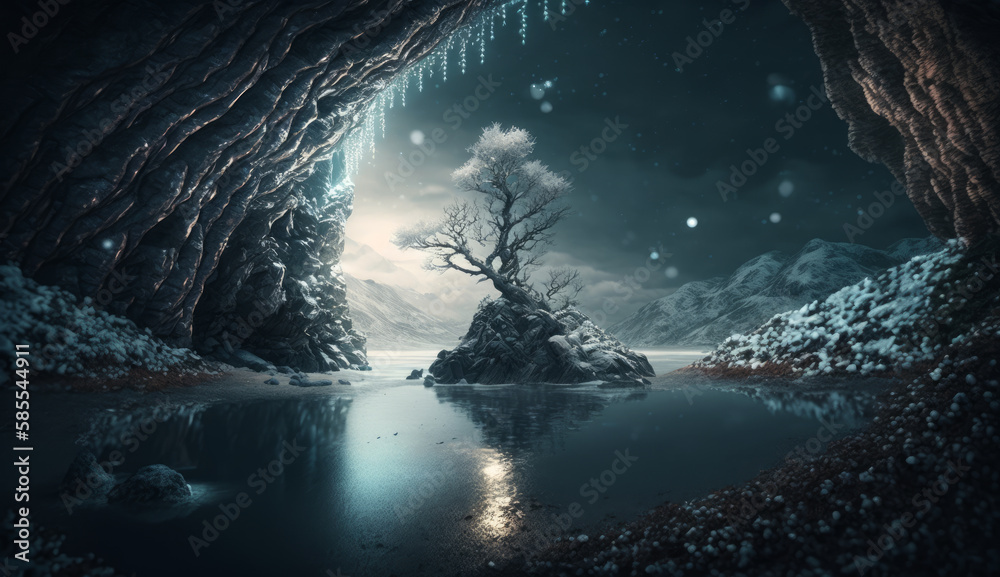 Magical beautiful tree of life on a snowy mountain in a winter evening. Content created with AI