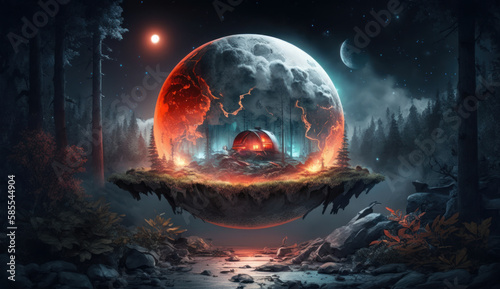 Anomalous, volcanic zone. The molten core of the earth in the form of an unknown planet in a dense forest at night. Entrance to another dimension, portal. Generative AI