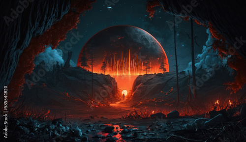 Anomalous, volcanic zone. The molten core of the earth in the form of an unknown planet in a dense forest at night. Entrance to another dimension, portal. Generative AI