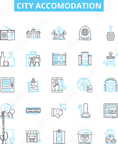 City accomodation vector line icons set. Urban, lodging, housing, habitation, flat, abode, suite illustration outline concept symbols and signs
