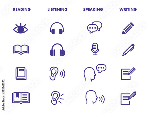 Language skill icon set speaking listening reading writing education test logo vector illustration circle symbol