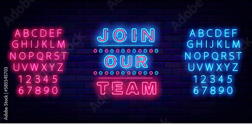 Join our team neon signboard. Vintage decor with circles. Welcome to our company. Vector stock illustration