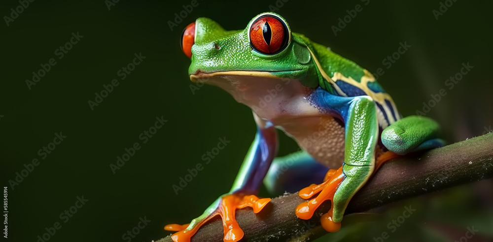 Fototapeta premium AI generated close-up of a colorful red-eyed tree frog on a branch in the rainforest. Generative AI. 