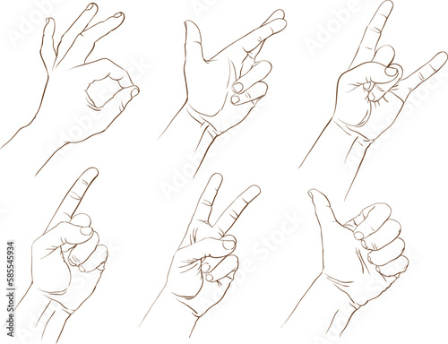 Set of pictures - hand gestures, sign language. Pencil hand drawing