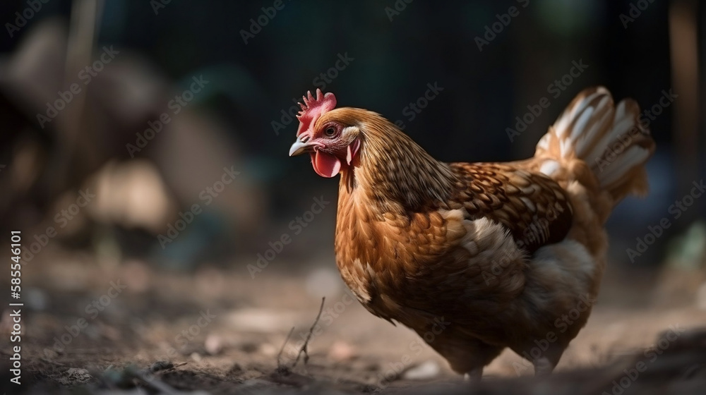 a chicken roaming the farm looking for food