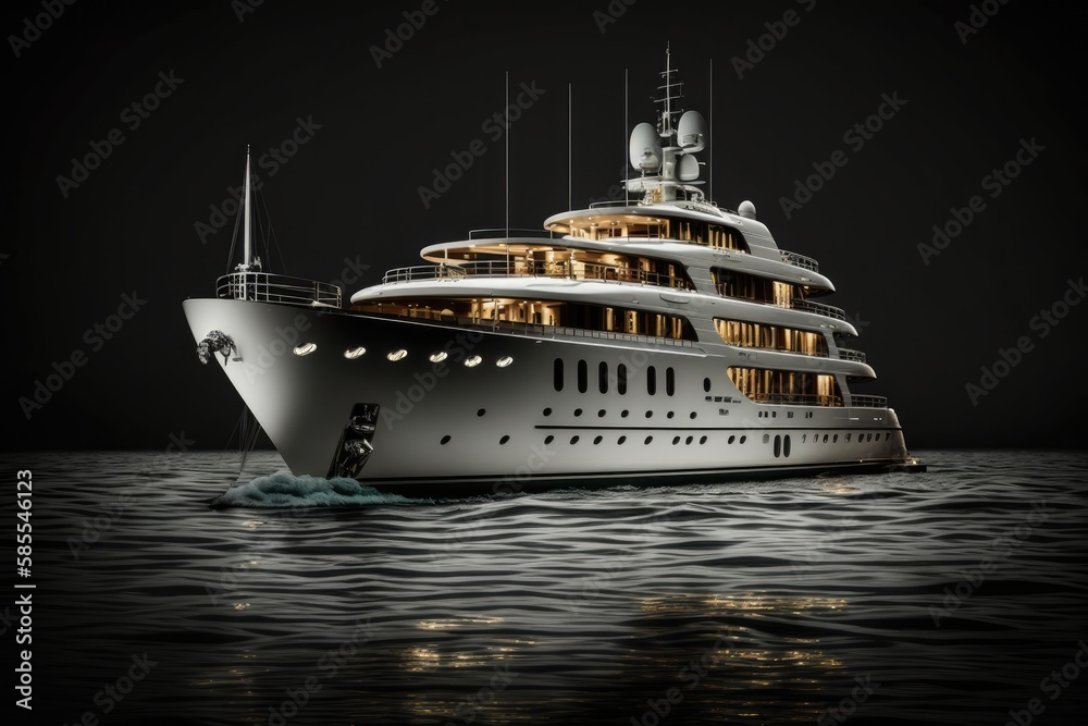 Millionaire's private yacht at sea in the waves with atmospheric lighting. AI generative