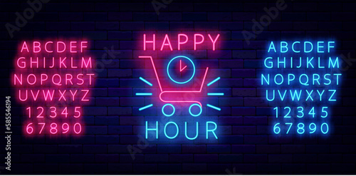 Happy hour neon label on brick wall. Luminous blue nad pink alphabet. Shopping cart with clock. Vector illustration