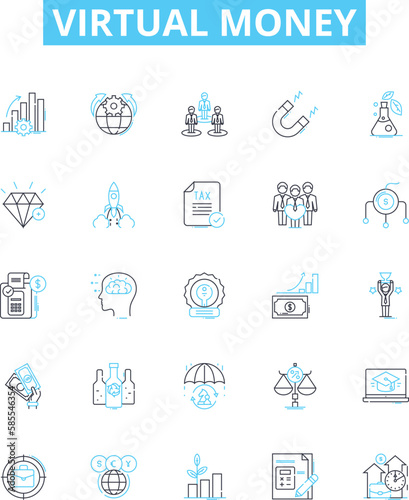 Virtual money vector line icons set. Cryptocurrency, E-money, Token, Crypto, Fiatcoin, Digitalcash, Paycoin illustration outline concept symbols and signs