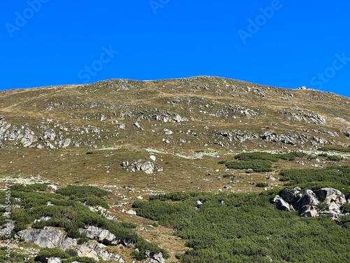 Autumn alpine pastures on the high mountain tops in the Albula Alps and above the Swiss mountain road pass Fluela (Flüelapass), Zernez - Canton of Grisons, Switzerland (Schweiz) photo