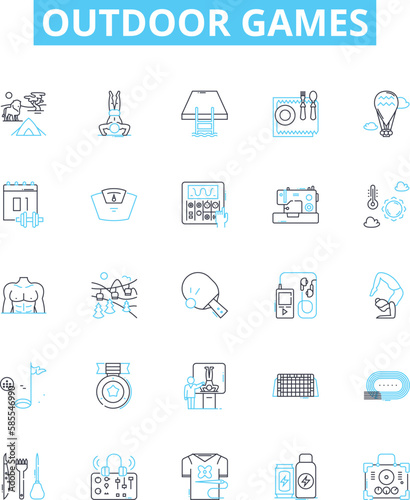 Outdoor games vector line icons set. Sports, Ballgames, Lawngames, Tag, Frisbee, CapturetheFlag, Volleyball illustration outline concept symbols and signs photo