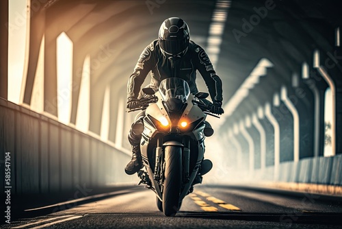 Fototapeta A biker enjoys a fast motorcycle ride in street conditions