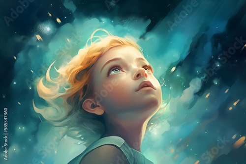 Image in artistic style of a girl child looking upwards towards a green abstract sky