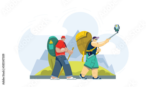 Two tourists with a selfie stick with backpacks outside the city.