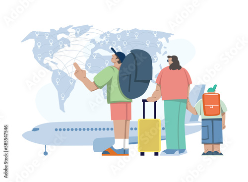 Family departing on vacation chooses the flight route by plane.