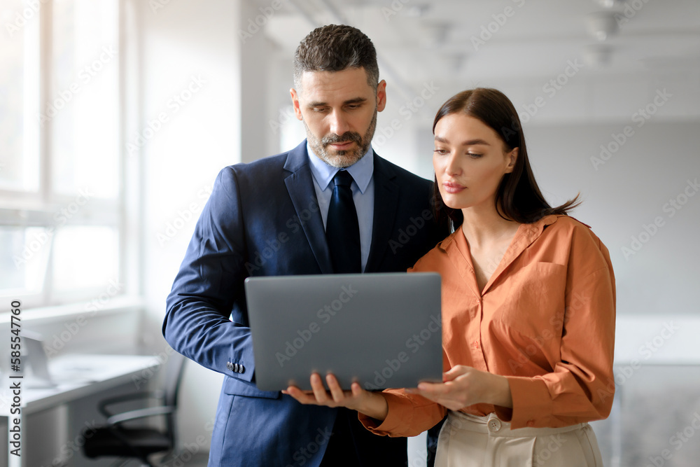 Female manager talking with experienced male colleague while using laptop computer together in office