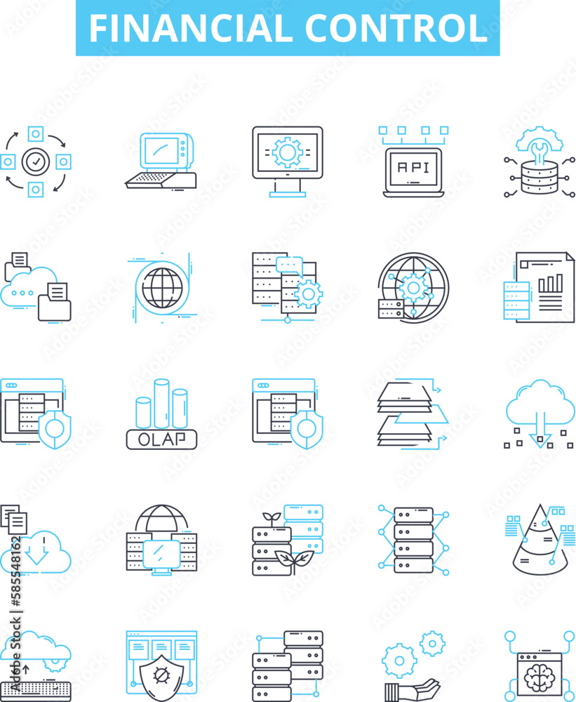 Financial control vector line icons set. Finance, Control, Accounting, Budgeting, Auditing, Risk, Taxation illustration outline concept symbols and signs
