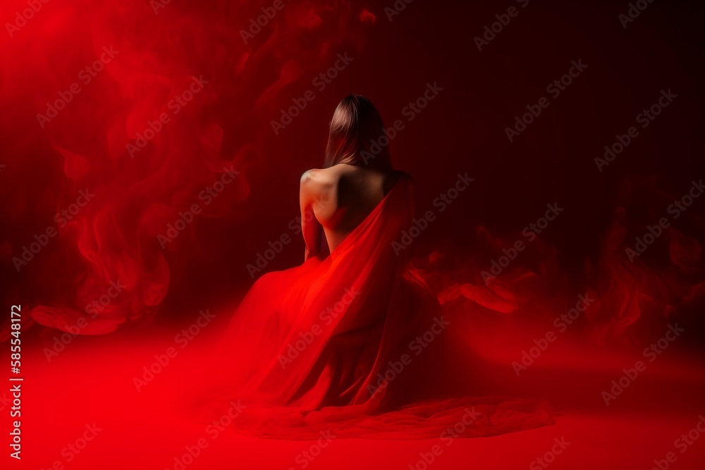 Abstract woman against a bright red background wearing a red dress. Swirling abstract shapes