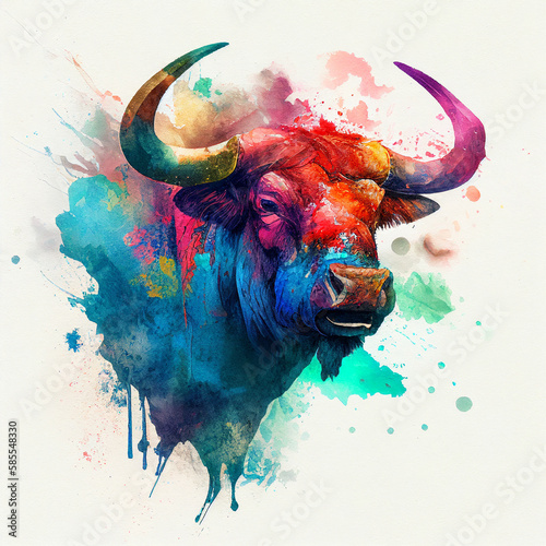 Aggressive bull. Bright watercolor..