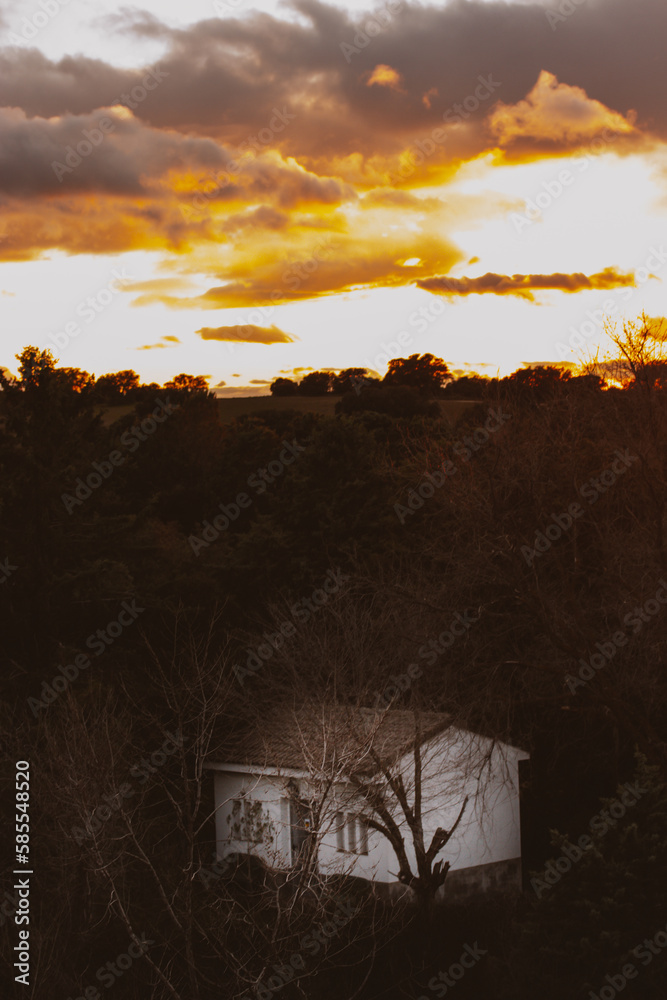 Vertical background with a white apartment building in a forest under an overcast orange sky. A cottage in a countryside amidst a thicket of a wood. Sweet home in Fairytale. Single story cottage. Vertical background with a white apartment building in a forest under an overcast orange sky. A cottage in a countryside amidst a thicket of a wood. Sweet home in Fairytale. Single story cottage.