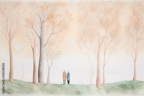 Minimalistic artistic watercolor image of a Lowry inspired scene. Depicting a elderly man and woman walking together