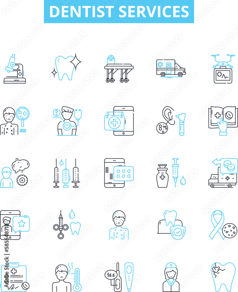 Dentist services vector line icons set. Dentist, Services, Teeth, Cleaning, Fillings, Extractions, Orthodontics illustration outline concept symbols and signs Dentist services vector line icons set. Dentist, Services, Teeth, Cleaning, Fillings, Extractions, Orthodontics illustration outline concept symbols and signs