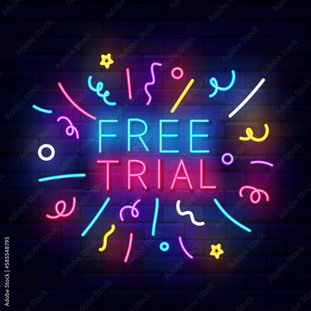 Fototapeta premium Free trial neon label on brick wall. Explosion confetti. Gratuity, gift period for free. Vector stock illustration
