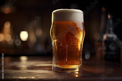 Delicious, freshly poured pint glass of beer. Full to the top with a frothy head. Generative AI