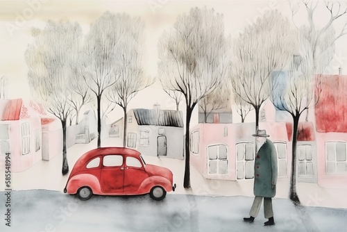 Image of a Lowry inspired scene. Depicting a elderly man stood by a vintage red car. photo