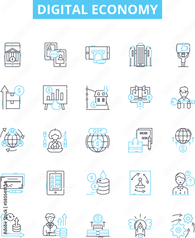 Digital economy vector line icons set. digital, economy, technology, online, commerce, services, finance illustration outline concept symbols and signs