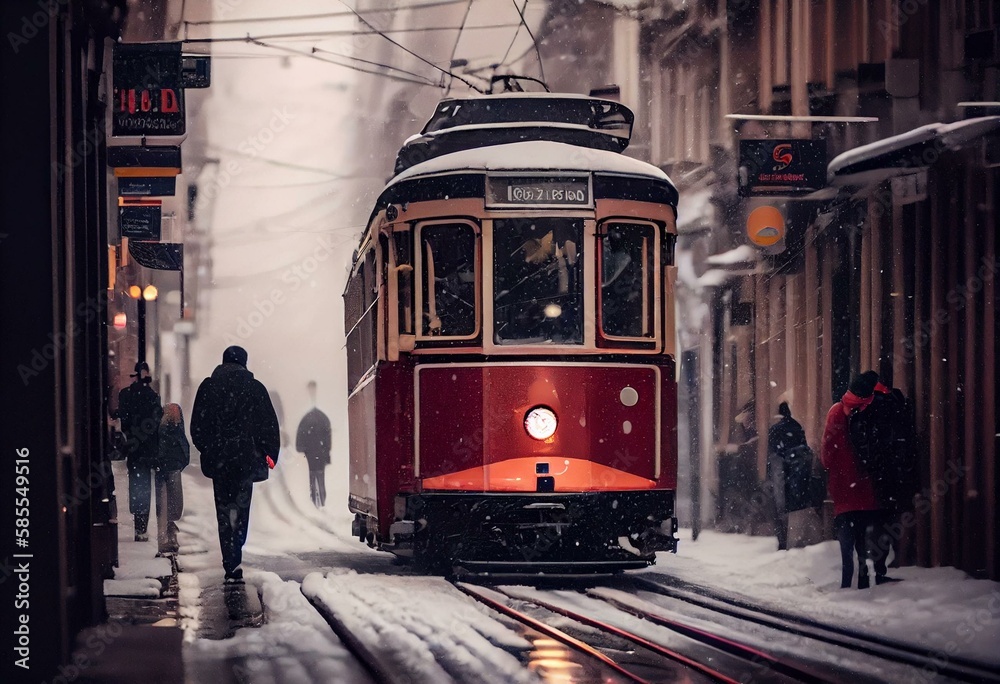 Red nostalgic tram is moving on the Istiklal street in winter day with snow. Istiklal Street is the most popular destination in Beyoglu, Taksim, Istanbul. Generative AI