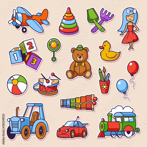 Set of Kid Toys vector illustration in cartoon style. Cute children's toys colorful sticker pack. Ideal for print, badge, promo, web design.